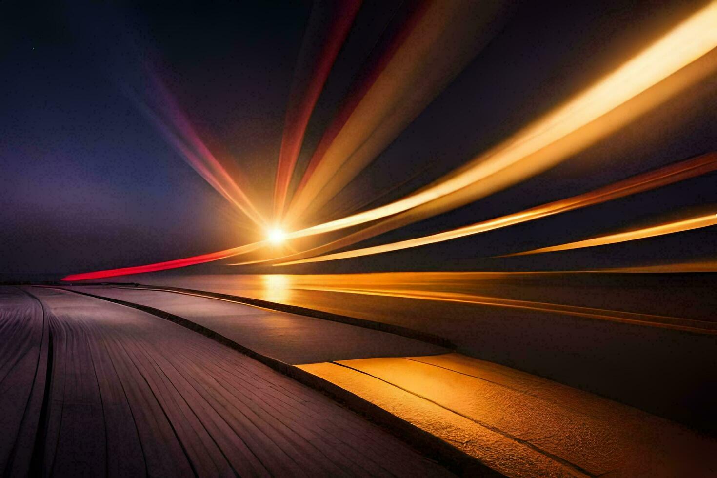 a long exposure photograph of a car driving on a road at night. AI-Generated photo