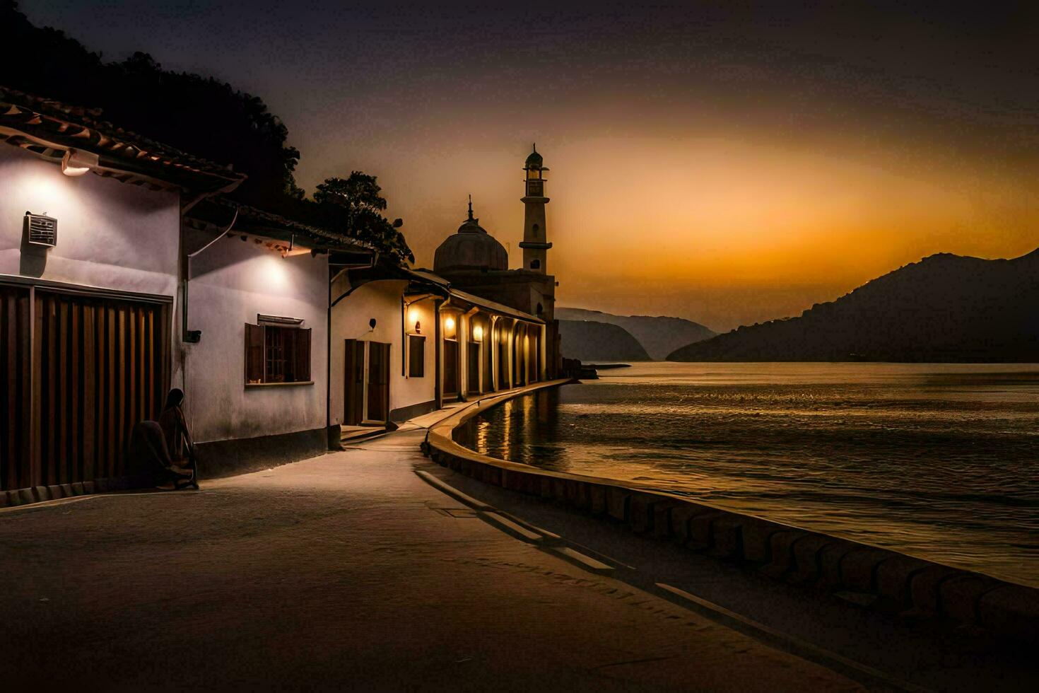 a mosque and a house on the shore of a lake. AI-Generated photo