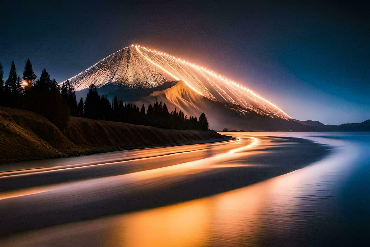 a mountain with lights on it at night. AI-Generated photo