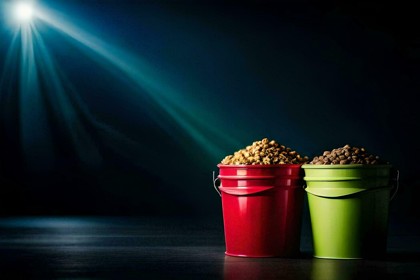 two buckets of food on a dark background. AI-Generated photo