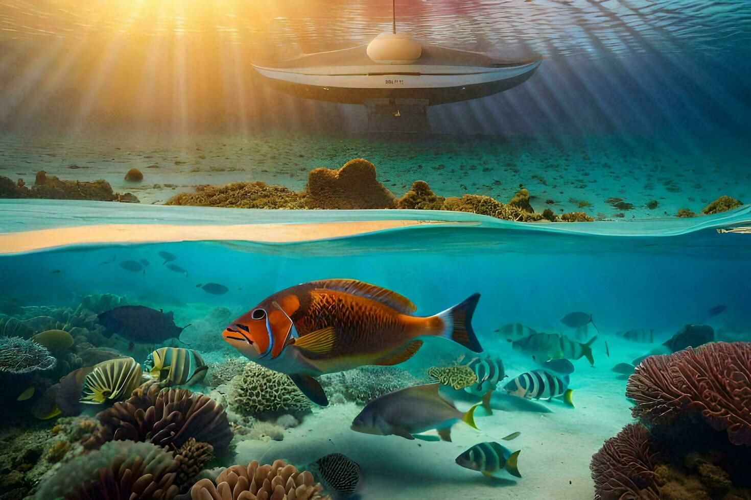 an underwater scene with a boat and fish. AI-Generated photo