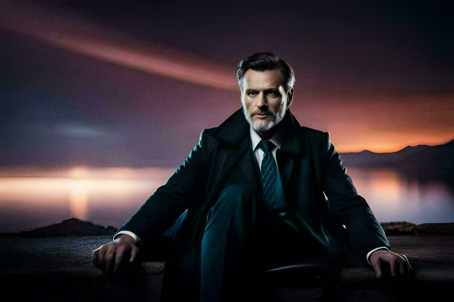 a man in a suit and tie sitting on a ledge. AI-Generated photo
