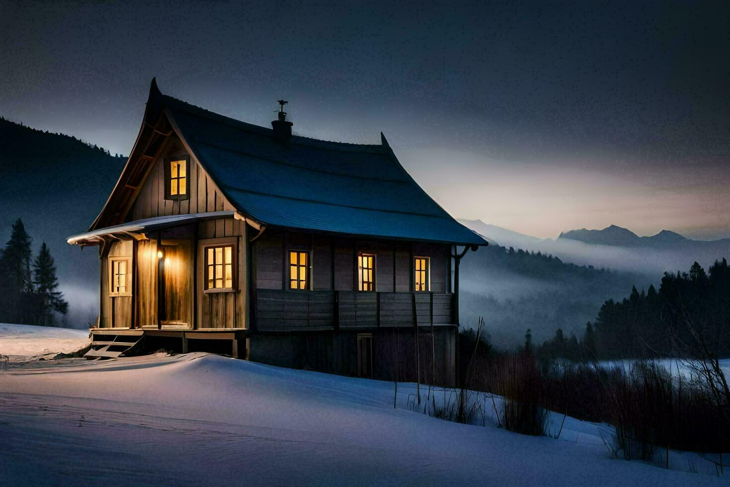 un pequeño de madera casa en el nieve. generado por ai foto