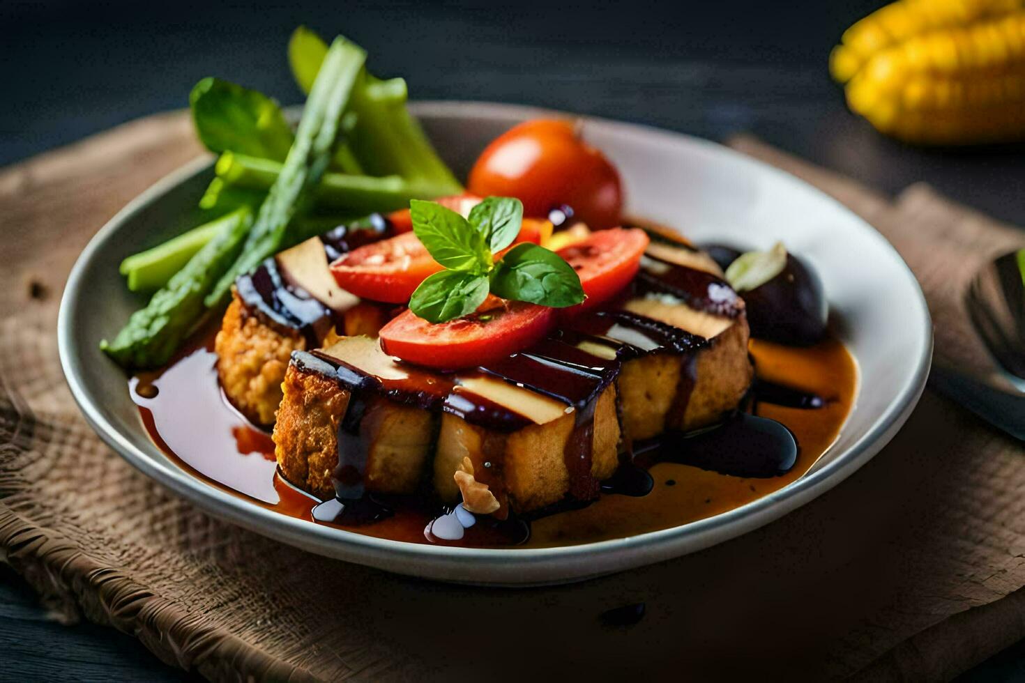 a plate with a dish of food on it. AI-Generated photo