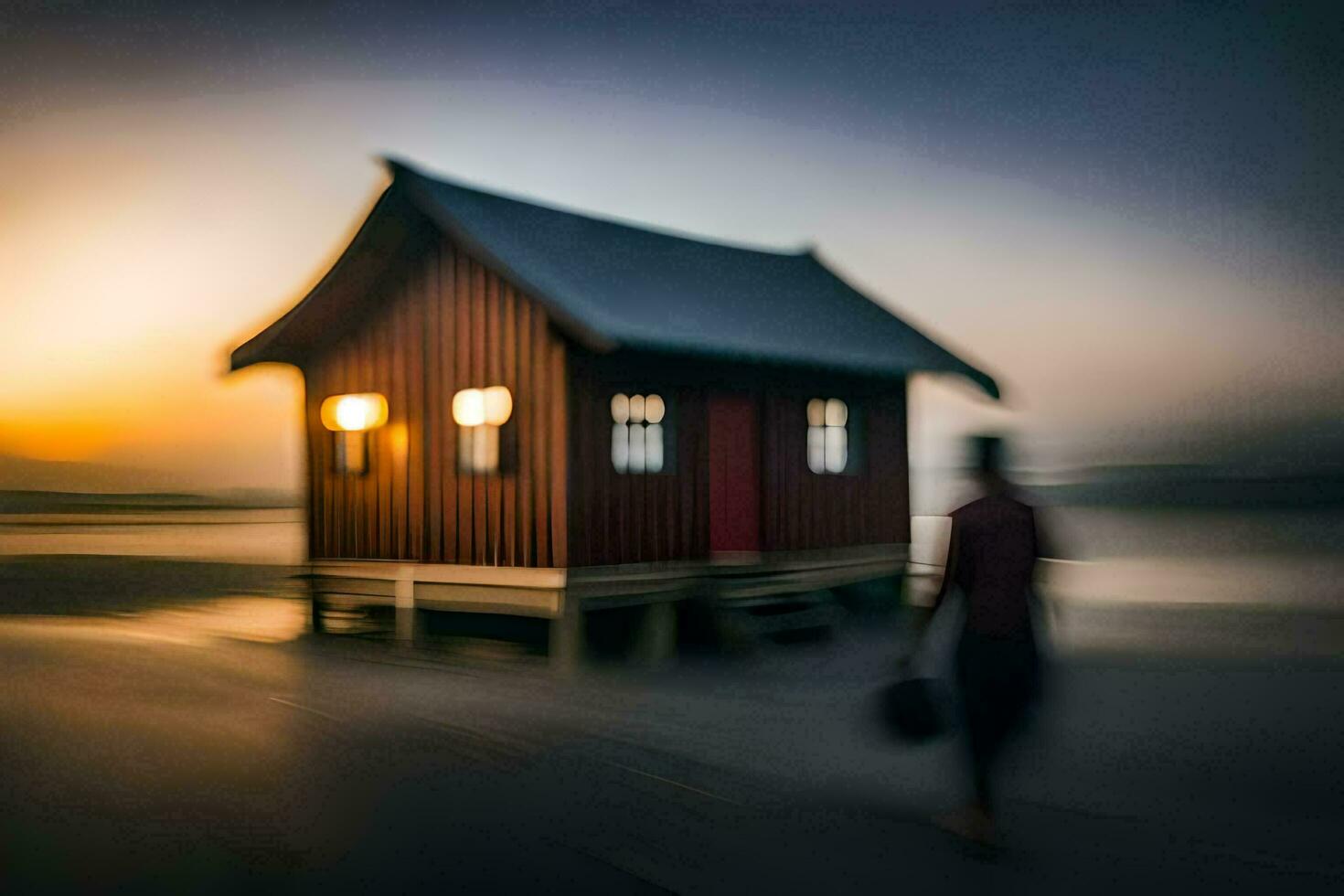 a man walking by a small red house at sunset. AI-Generated photo