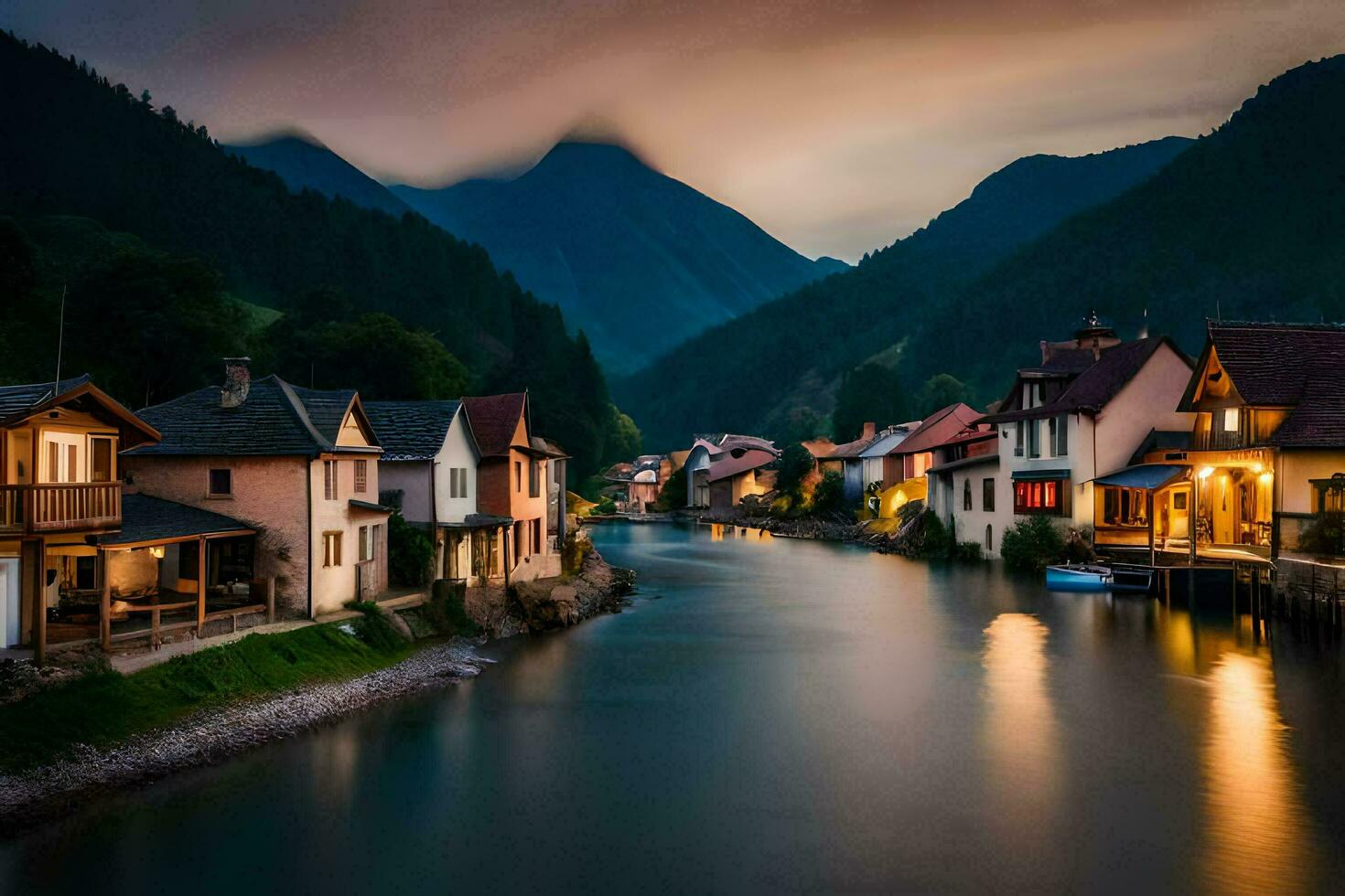 a river runs through a town at night. AI-Generated photo