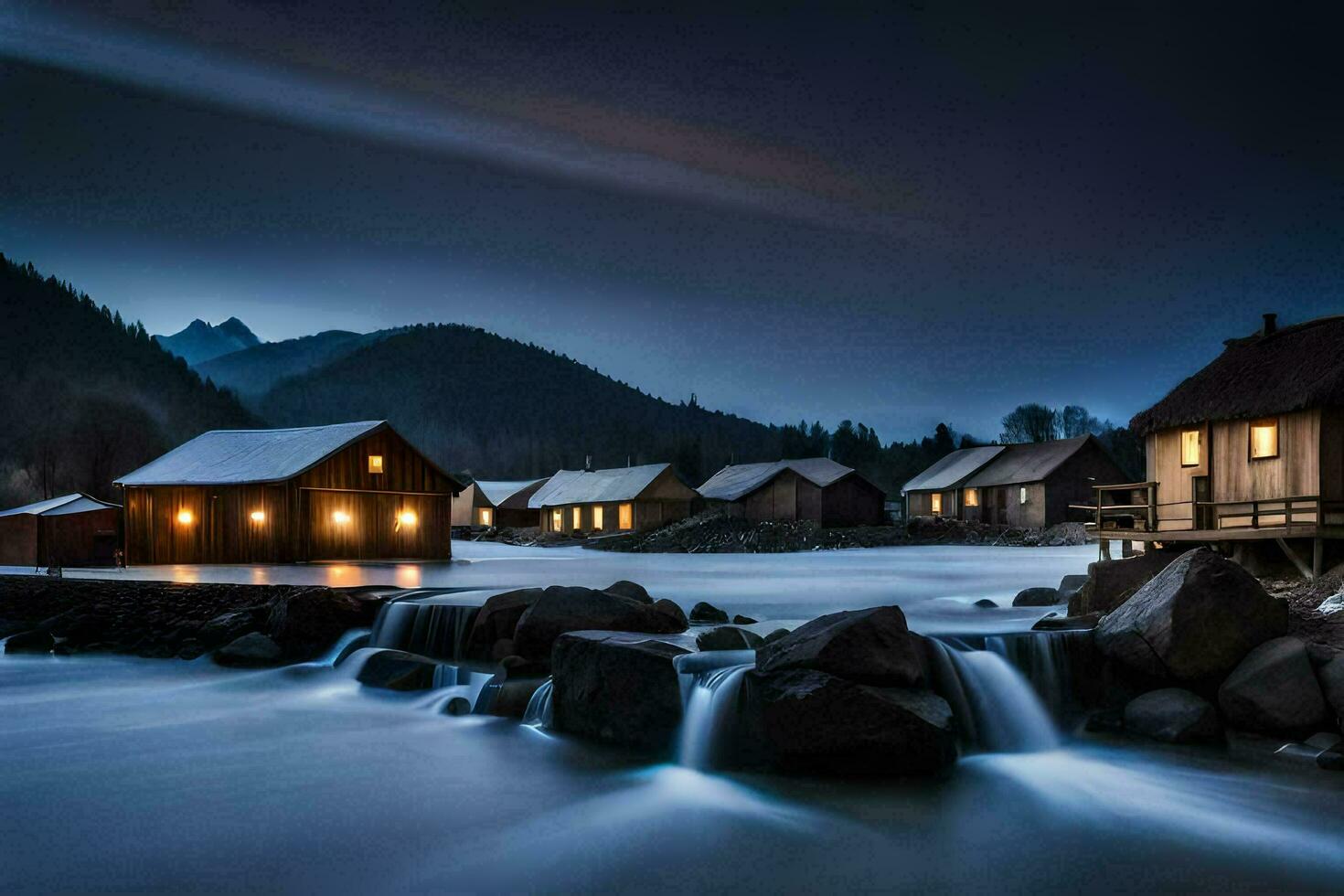a river runs through a mountain village at night. AI-Generated photo