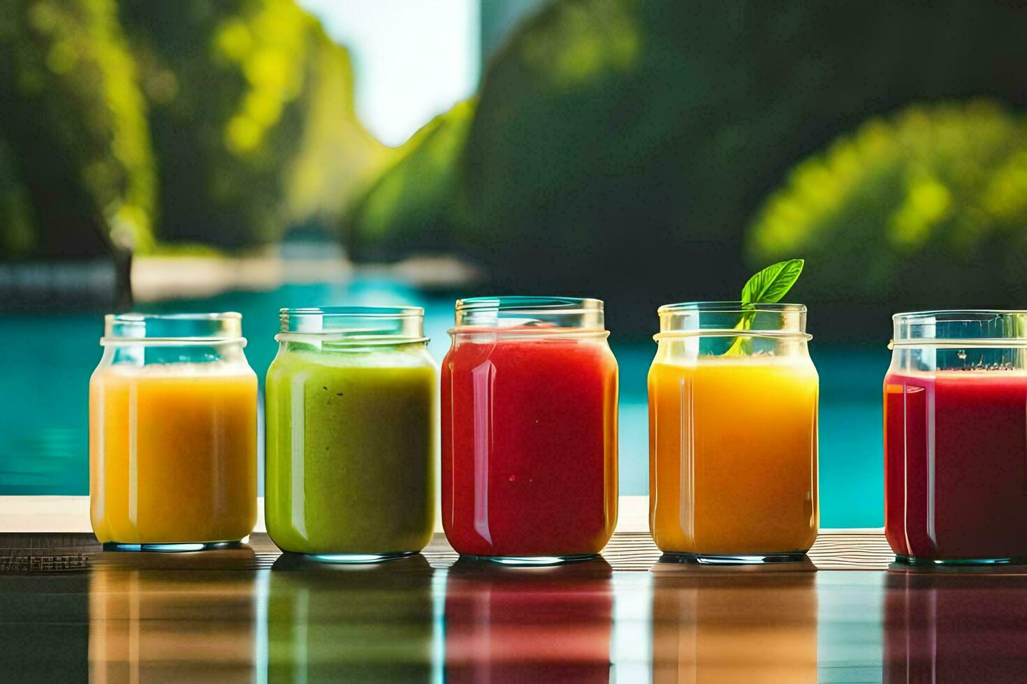 five different types of juices are lined up in jars. AIGenerated