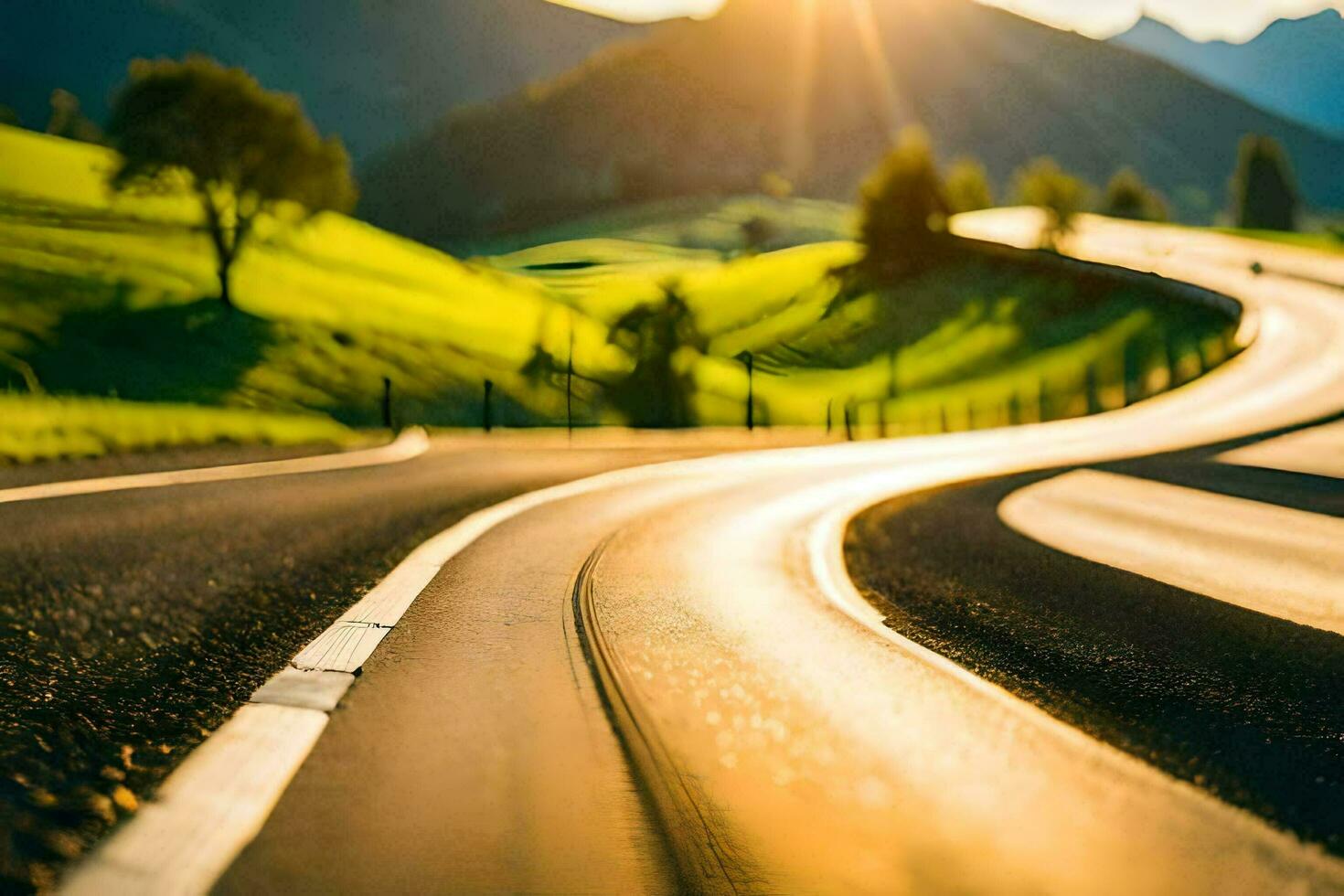 a winding road in the mountains with the sun setting. AI-Generated photo
