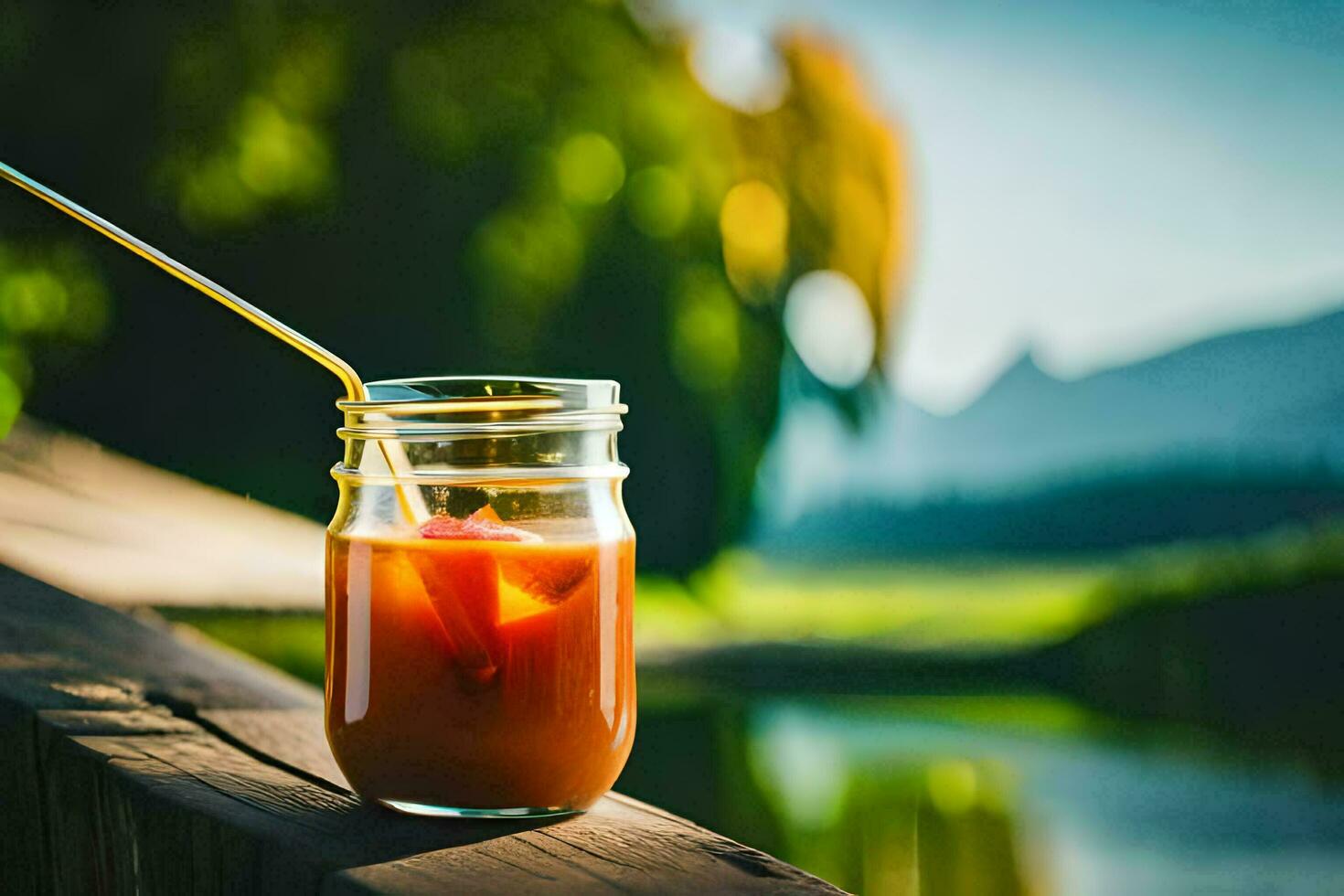 a glass of orange juice on a wooden table. AI-Generated photo