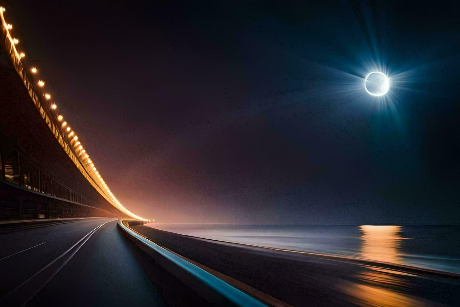 the moon is shining over the ocean and a bridge. AI-Generated photo