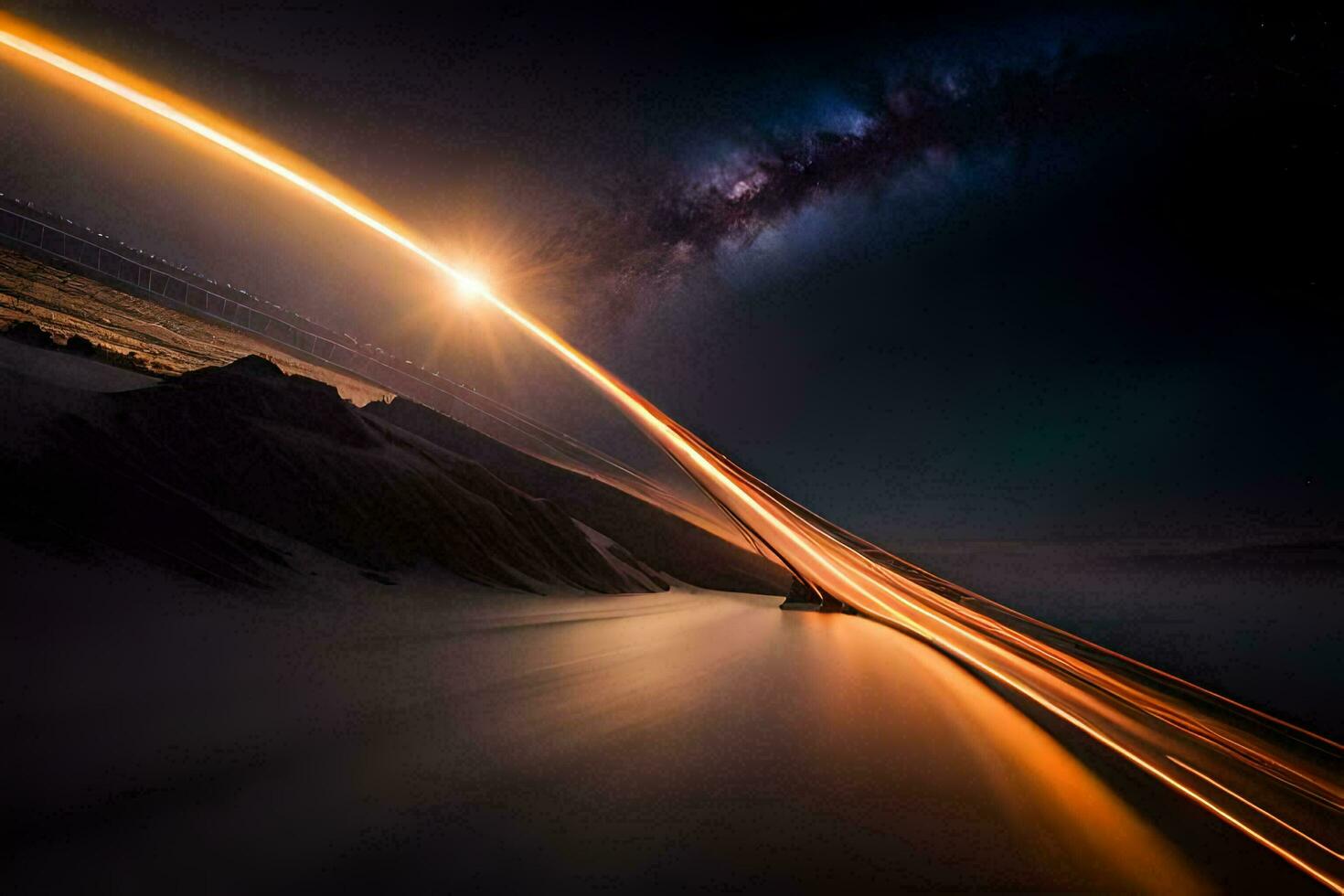 a long exposure photograph of a car driving through the night sky. AI-Generated photo