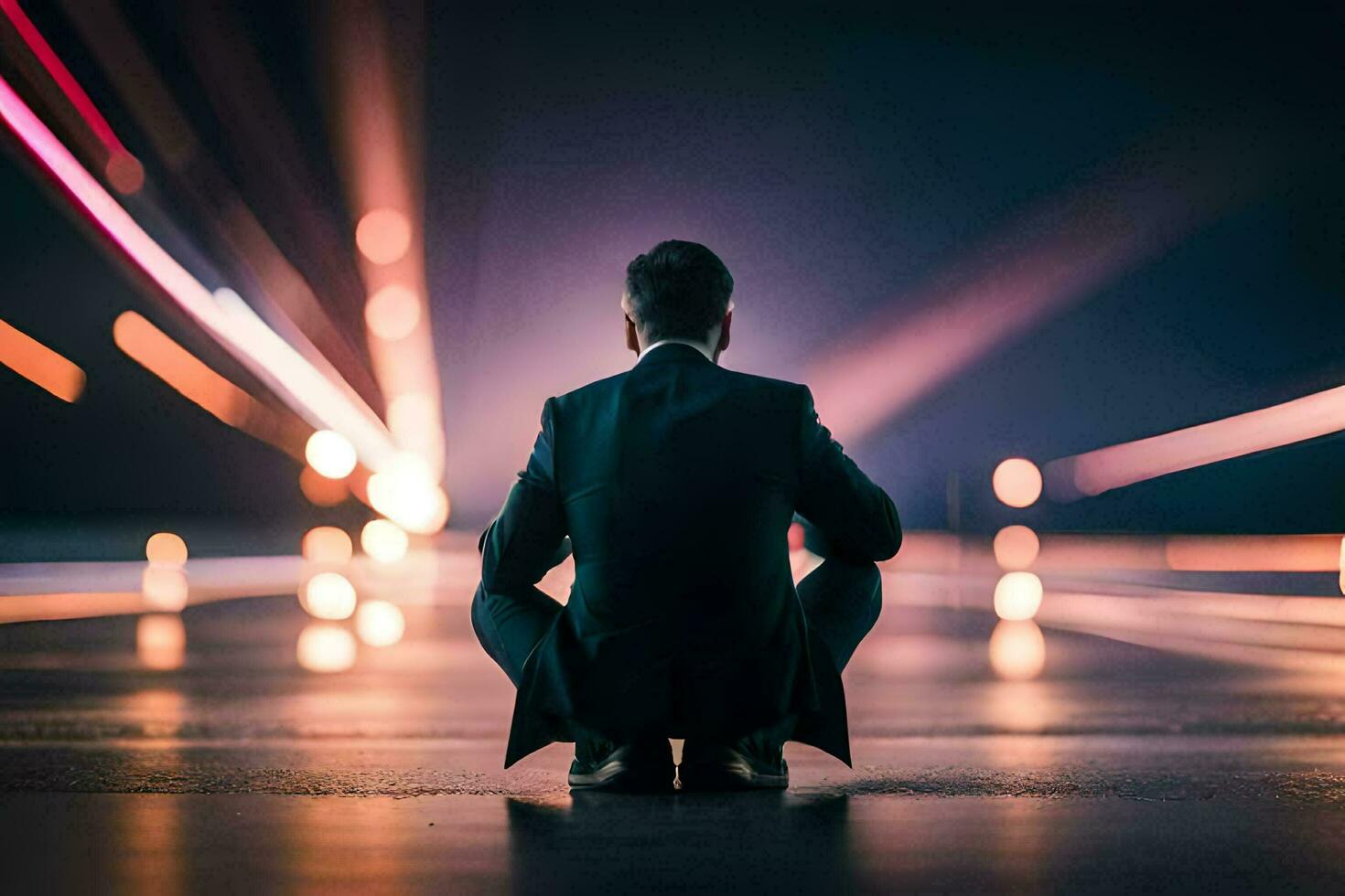 a man in a suit sits on the ground in front of a lighted street. AI-Generated photo