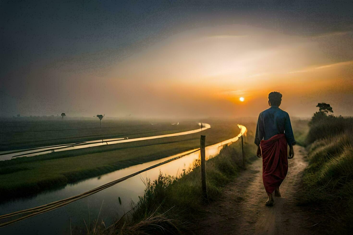 a man in a red robe walks down a path at sunrise. AI-Generated photo