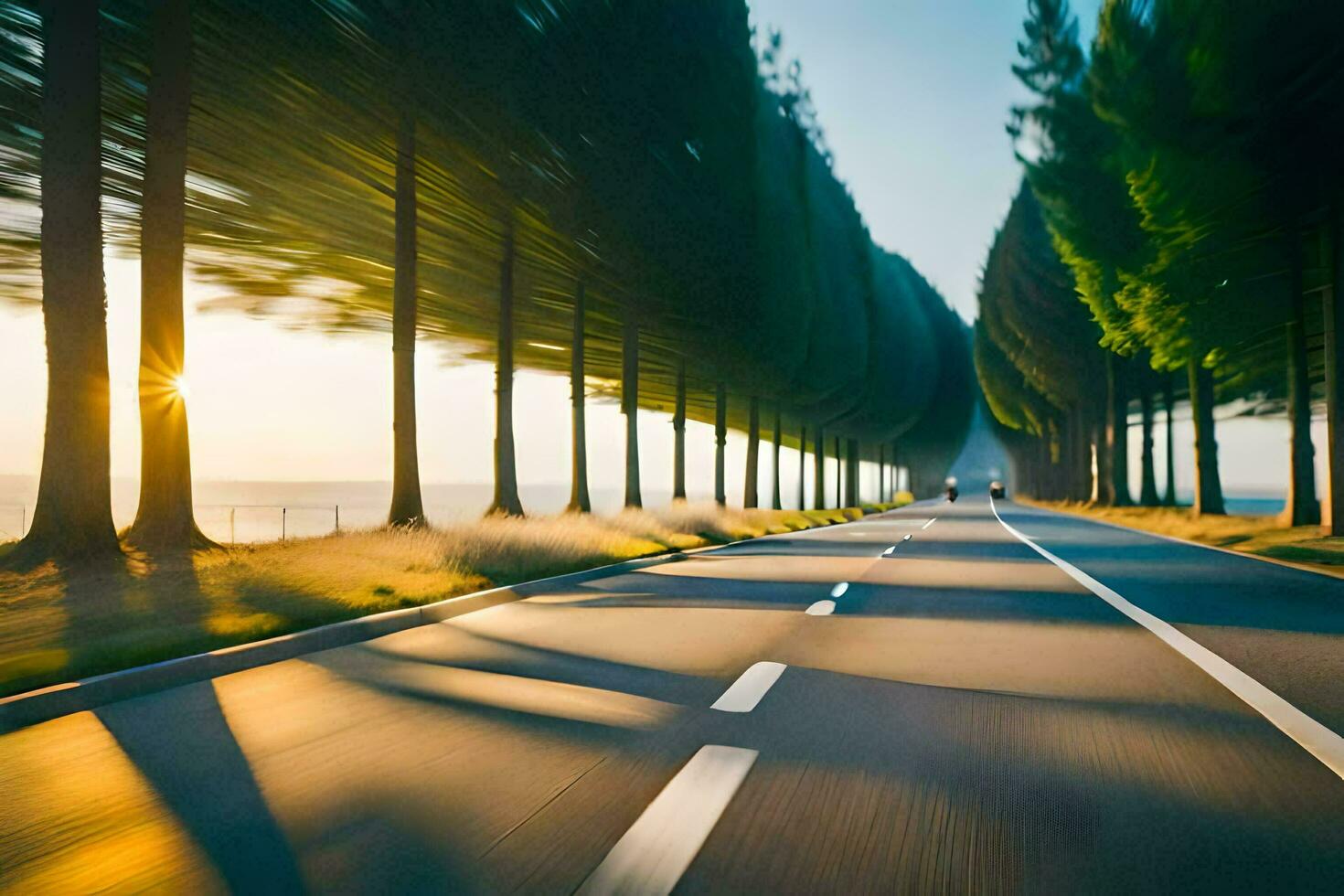 un largo la carretera con arboles en el antecedentes. generado por ai foto