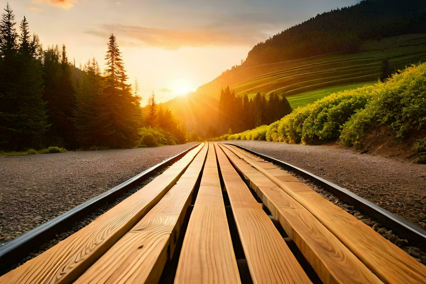 a wooden track leading to the sun. AI-Generated photo