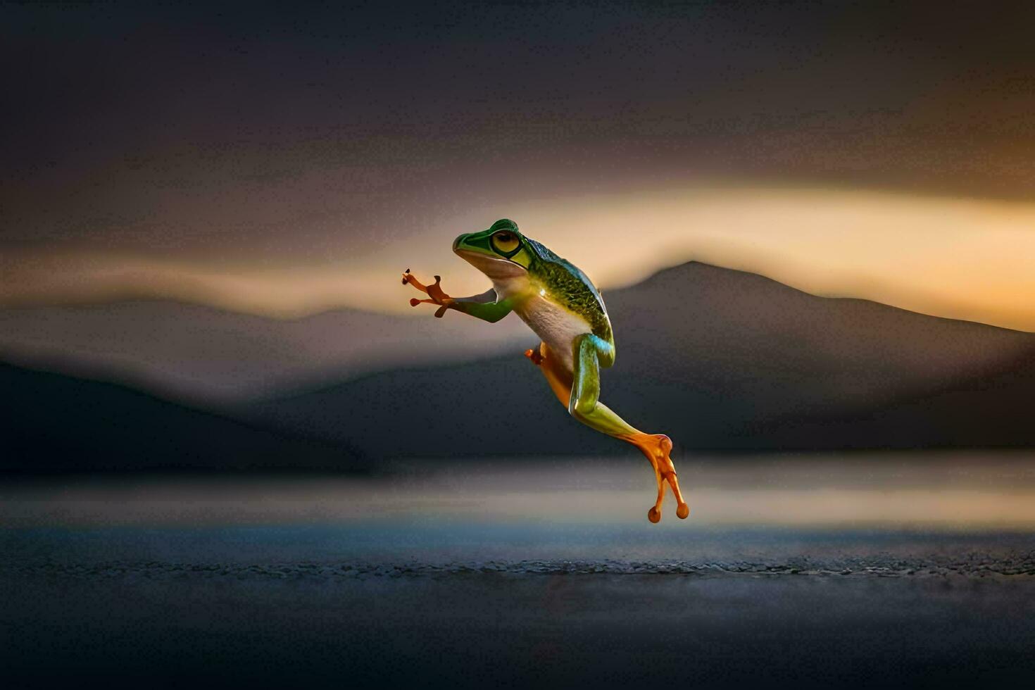 a frog jumping in the air with a sunset in the background. AI-Generated photo