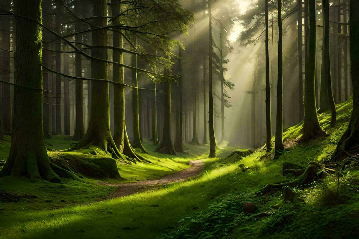 a path through a forest with sunlight shining through the trees. AI-Generated photo