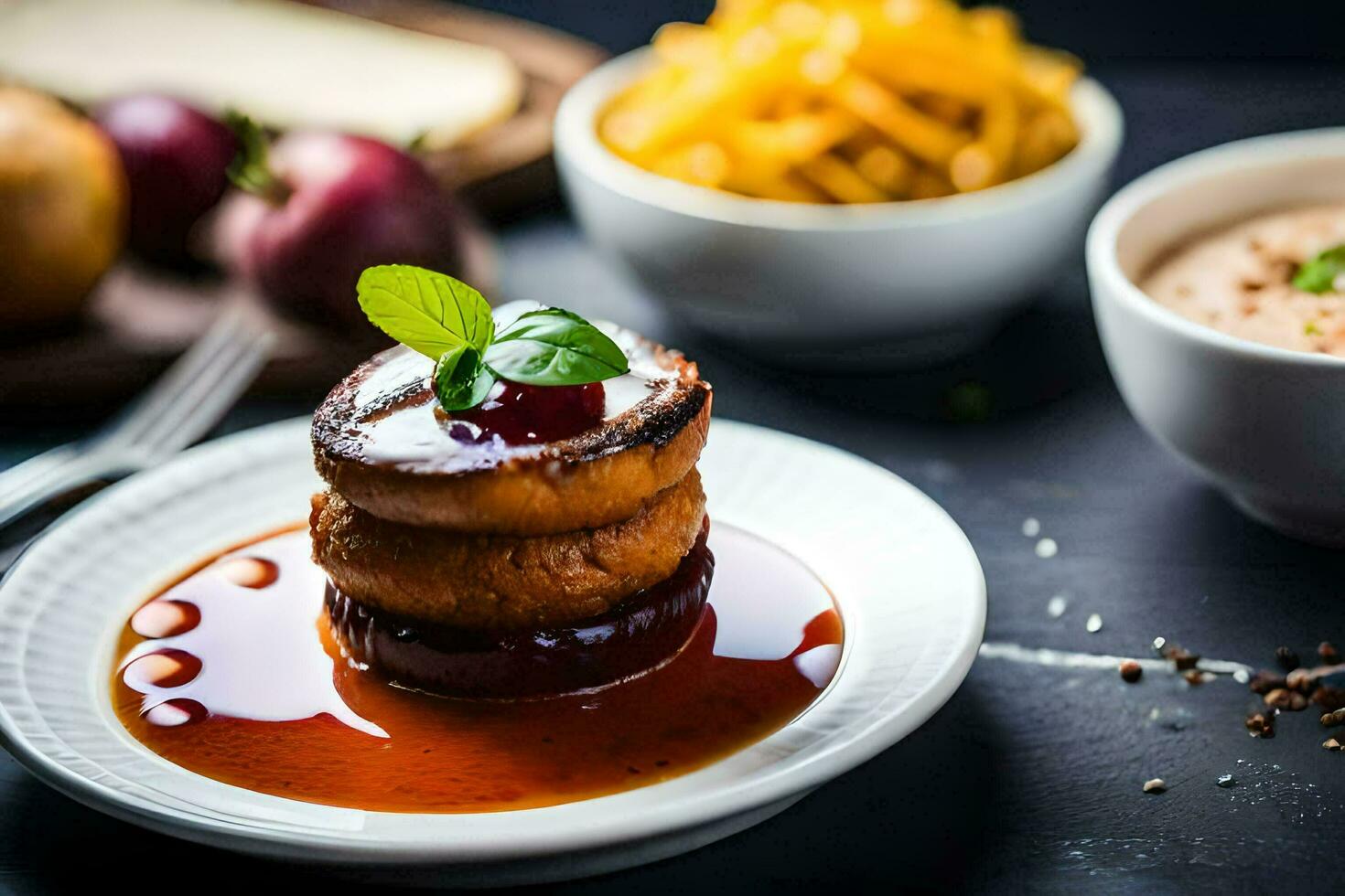 a plate of food with meat and sauce. AI-Generated photo