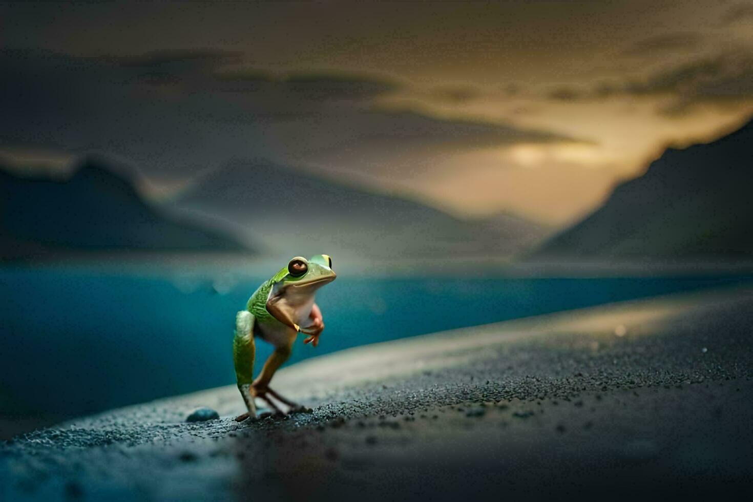 a frog standing on the edge of a lake. AI-Generated photo