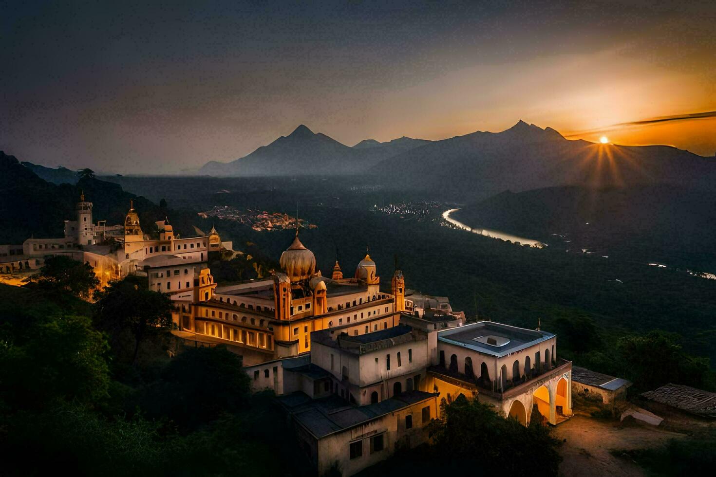 the sun sets over a beautiful castle in india. AI-Generated photo