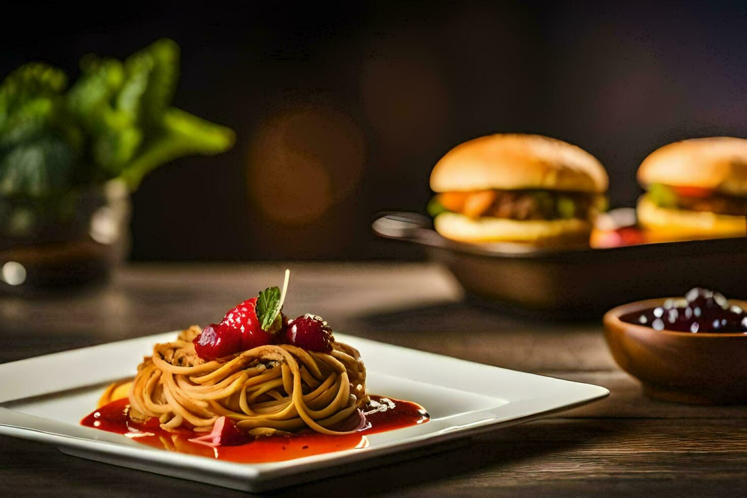 a plate with spaghetti and burgers on it. AI-Generated photo
