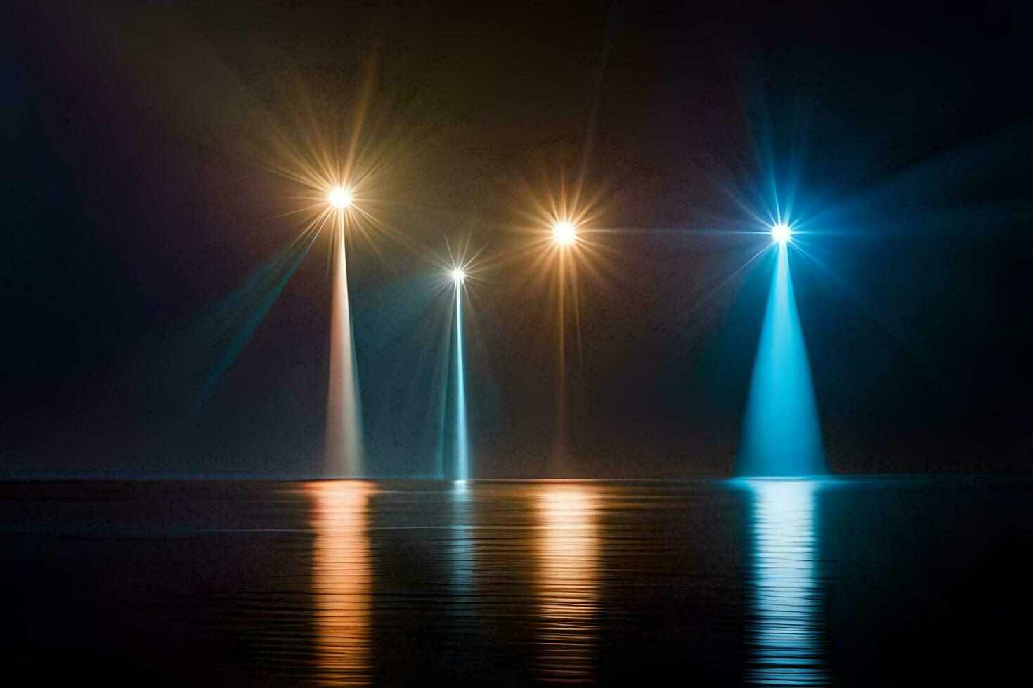 three lights shining in the dark on the water. AI-Generated photo