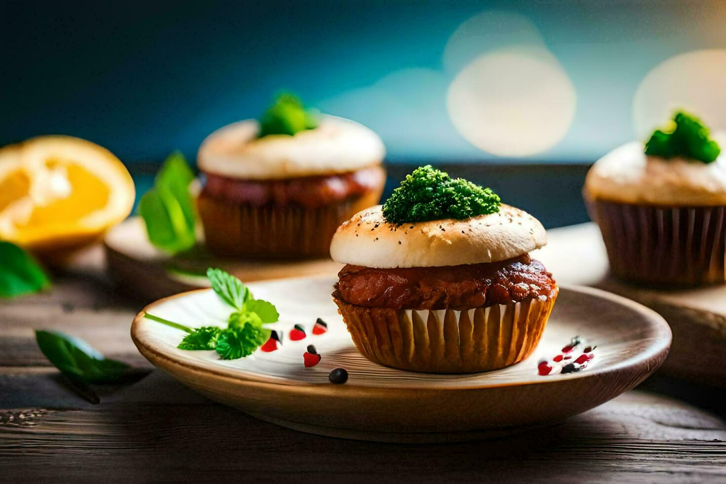 cupcakes with cheese and herbs on a wooden table. AI-Generated photo