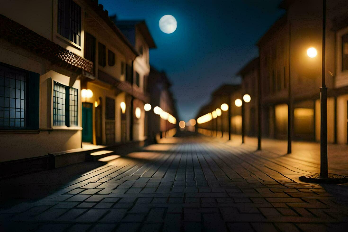 a street at night with a full moon in the sky. AI-Generated photo