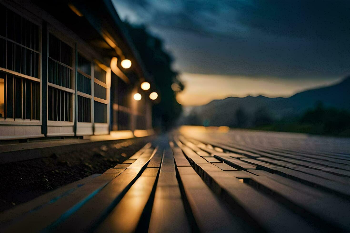 a long wooden walkway with lights on it at night. AI-Generated photo