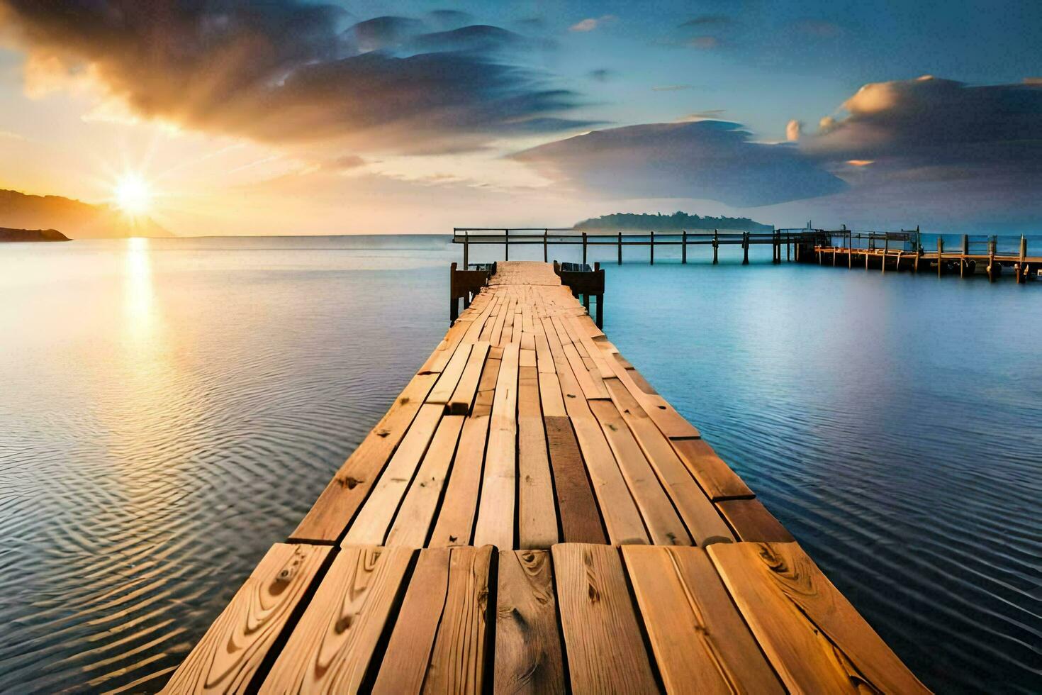 a wooden pier stretches out into the ocean at sunset. AI-Generated photo