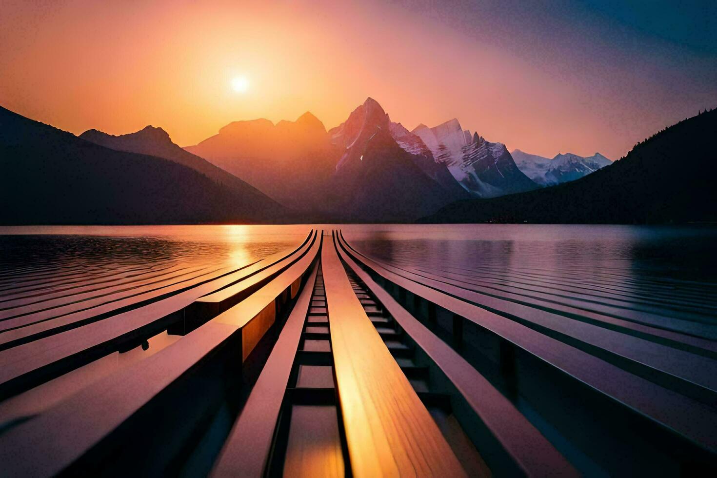 a long wooden bridge over a lake with mountains in the background. AI-Generated photo