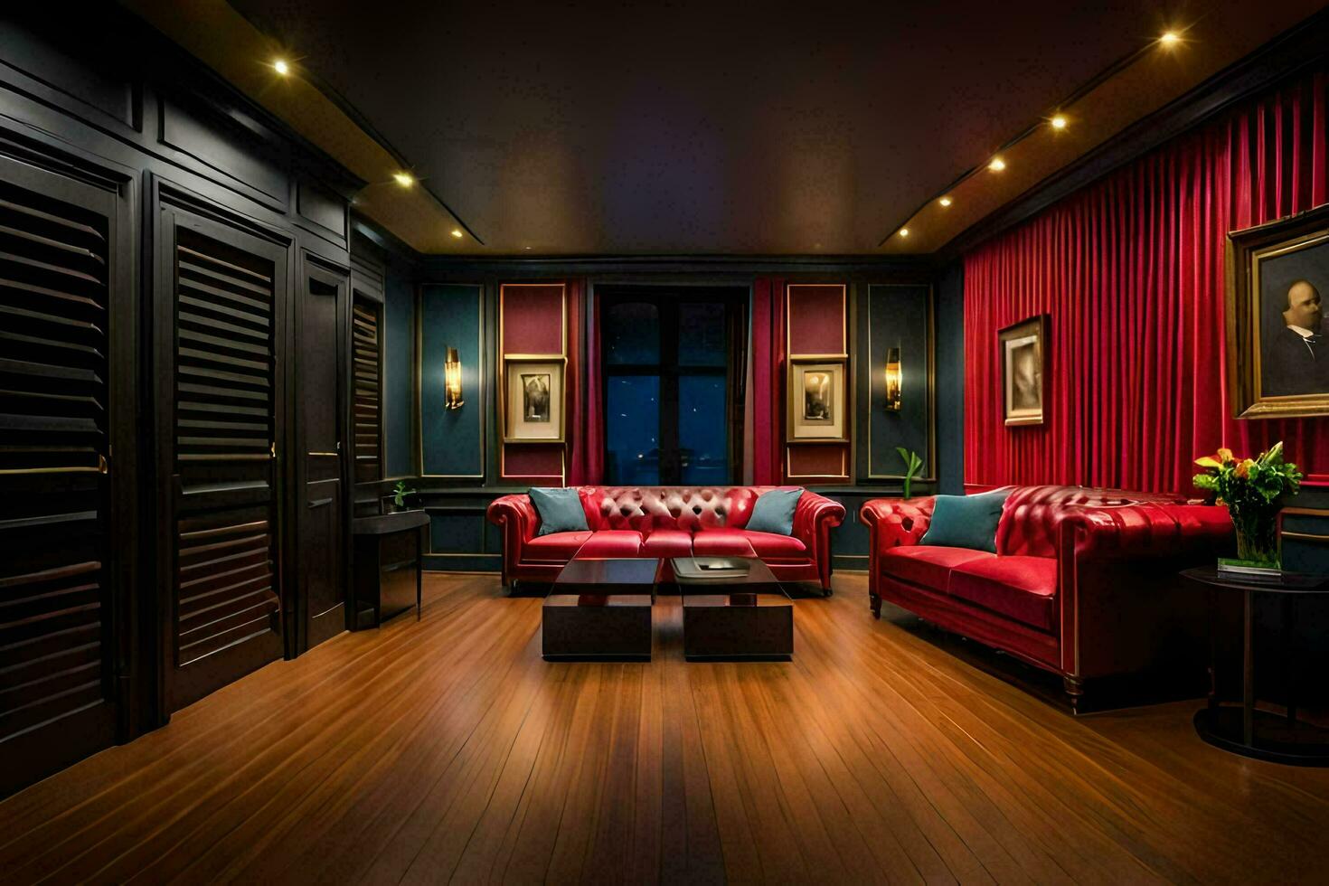 the living room has red leather couches and a red wall. AI-Generated photo