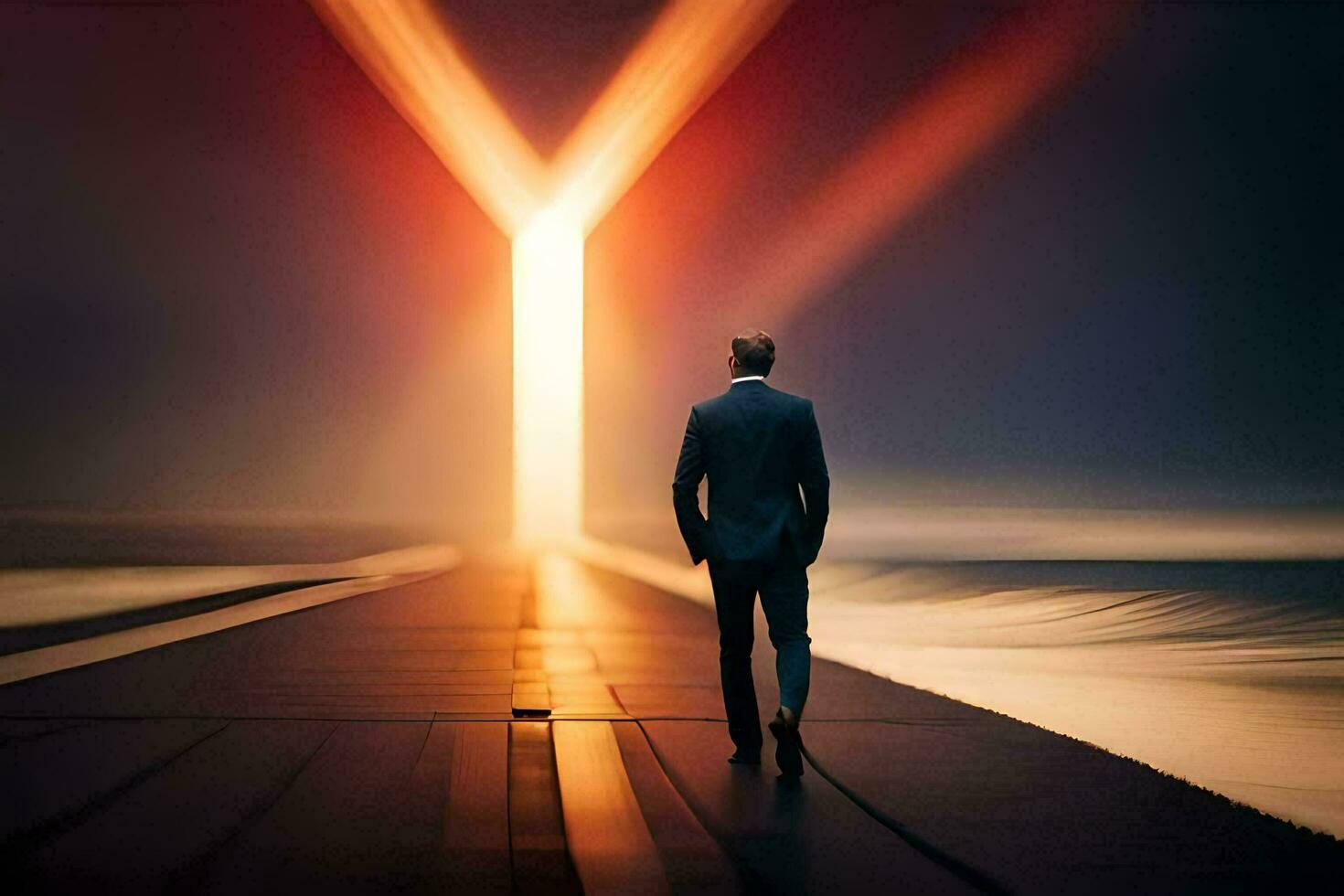 a man in a suit walks down a long path with the letter y. AI-Generated photo