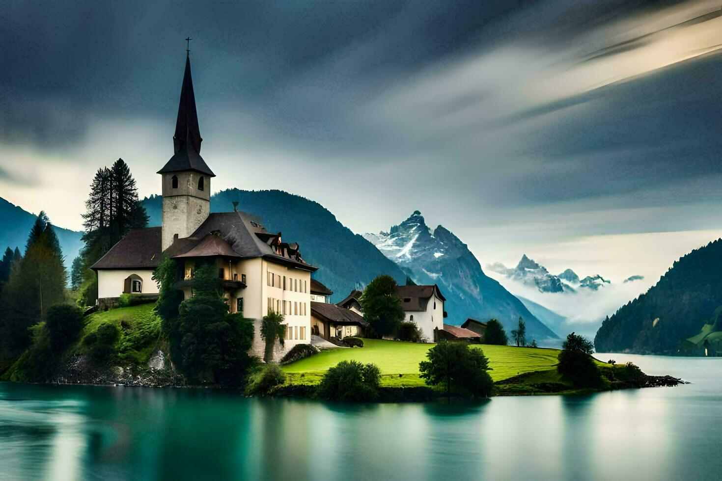 a church on an island in the middle of a lake. AI-Generated photo
