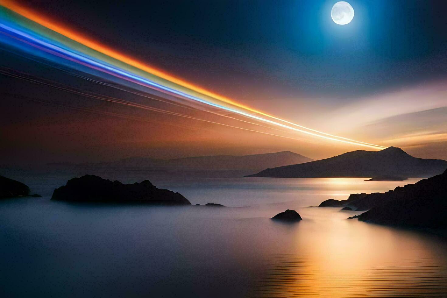 un arco iris es visto terminado el Oceano con un lleno Luna en el antecedentes. generado por ai foto
