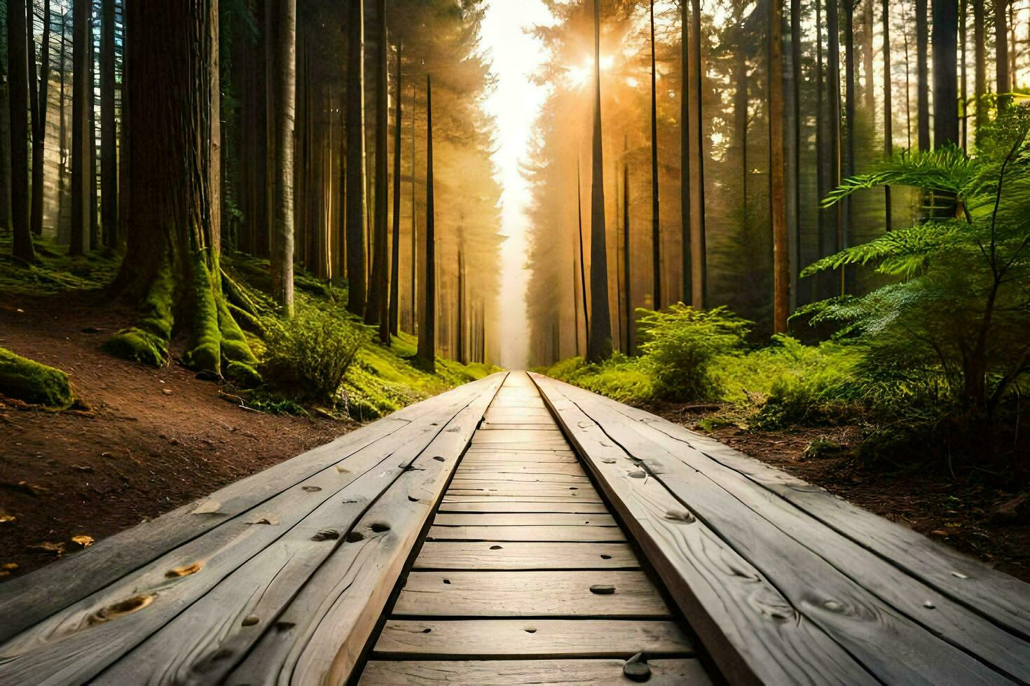 a wooden path in the forest with sun shining through the trees. AI-Generated photo