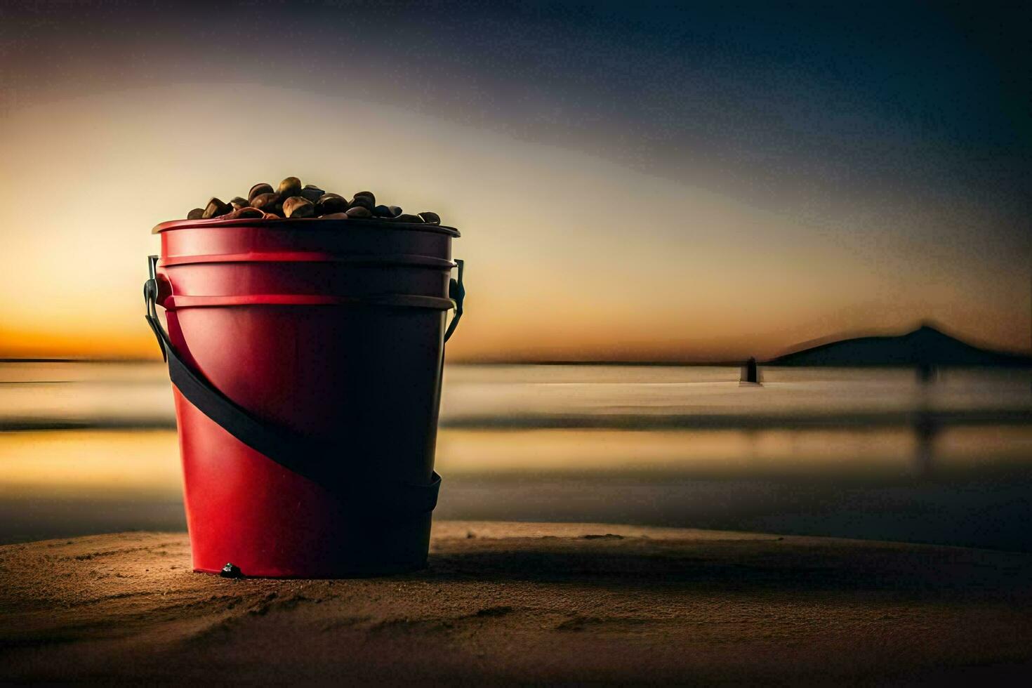 un rojo Cubeta lleno con nueces en el playa a puesta de sol. generado por ai foto