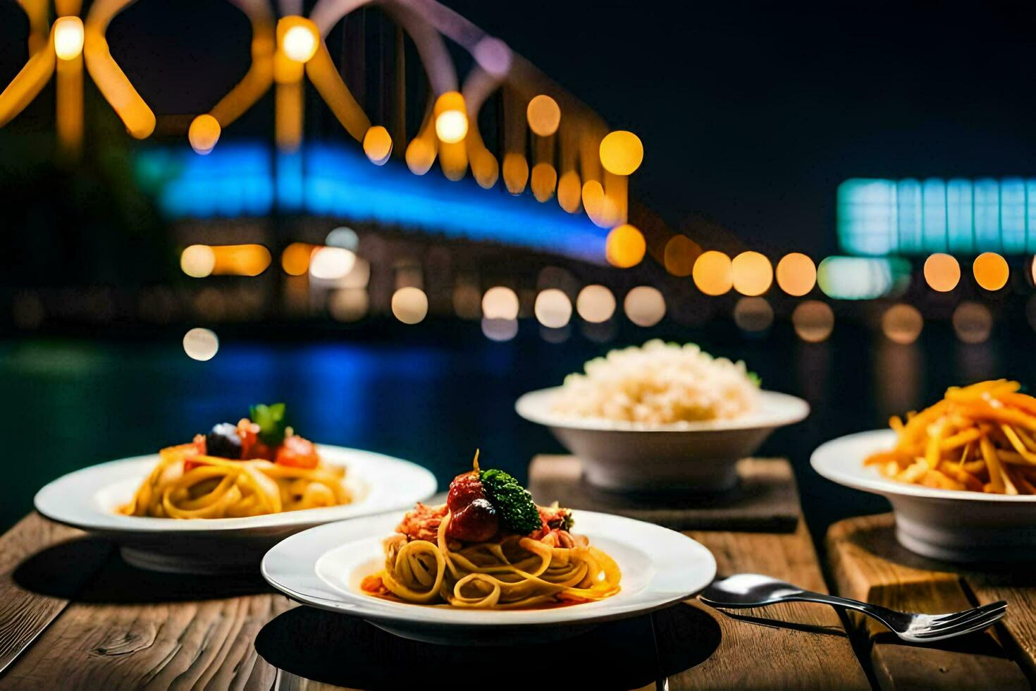 three plates of pasta with sauce and rice on a wooden table. AI-Generated photo