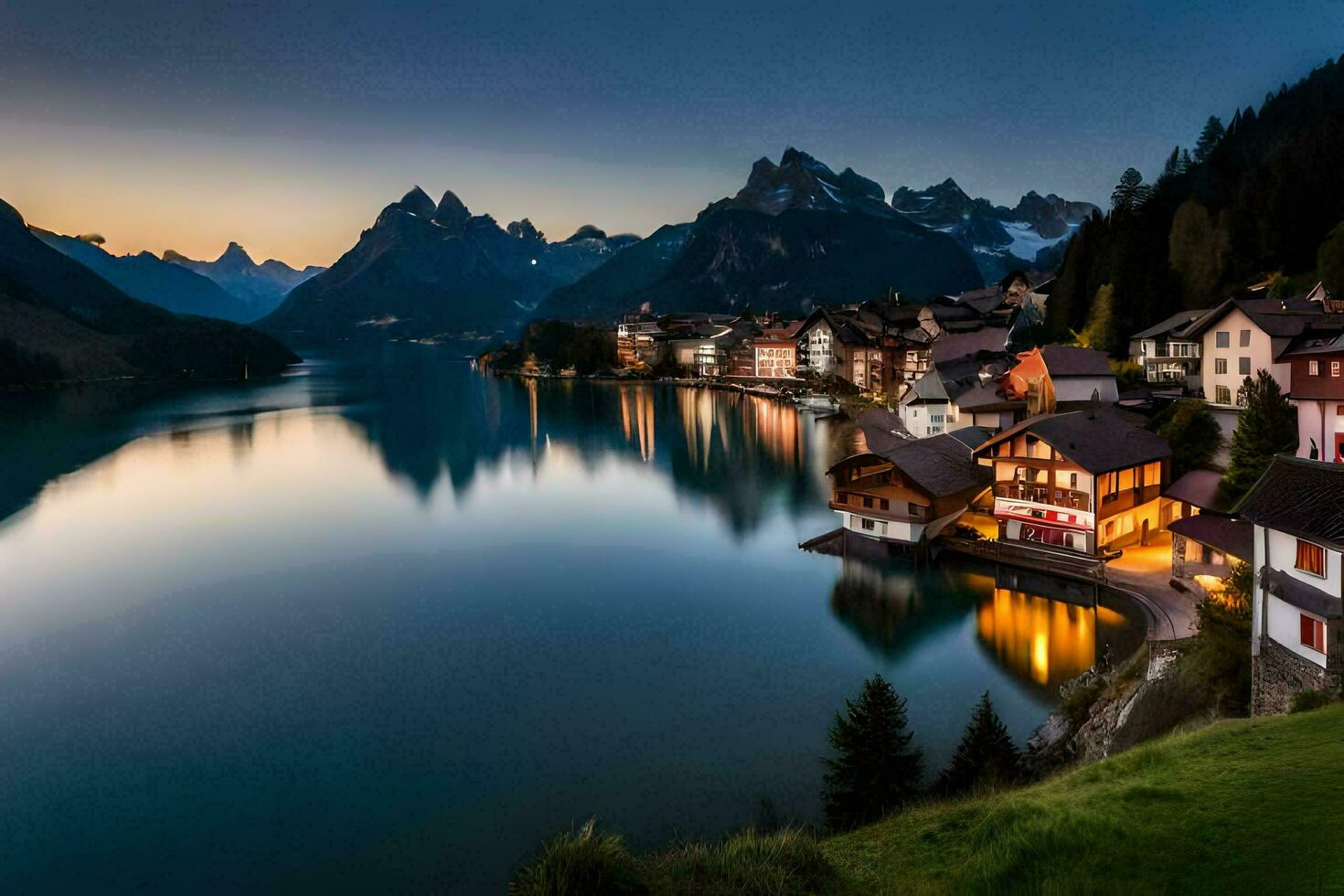 el pueblo de Suiza a oscuridad. generado por ai foto