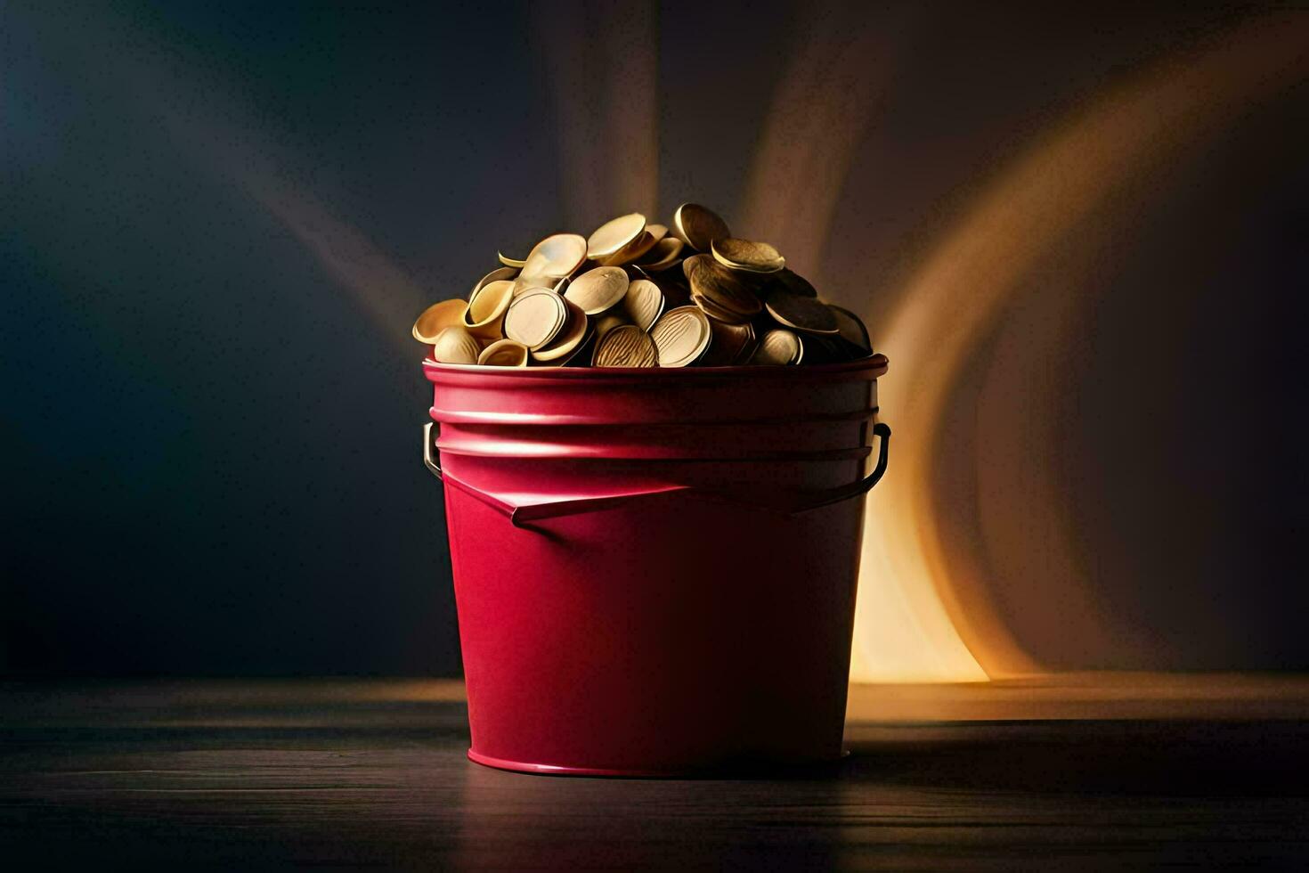 a red bucket filled with gold coins. AI-Generated photo