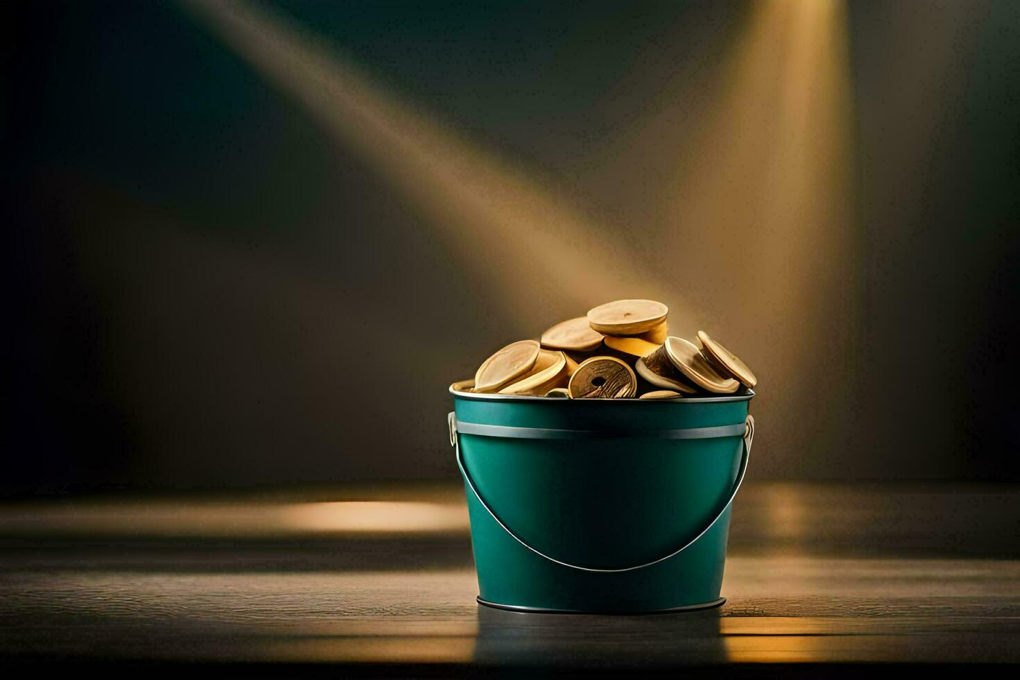 a bucket filled with gold coins on a wooden table. AI-Generated photo