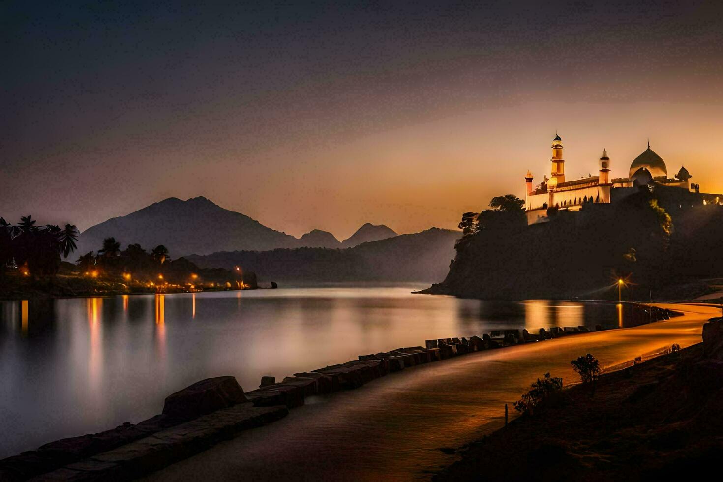 the sun sets over a lake and a mosque. AI-Generated photo