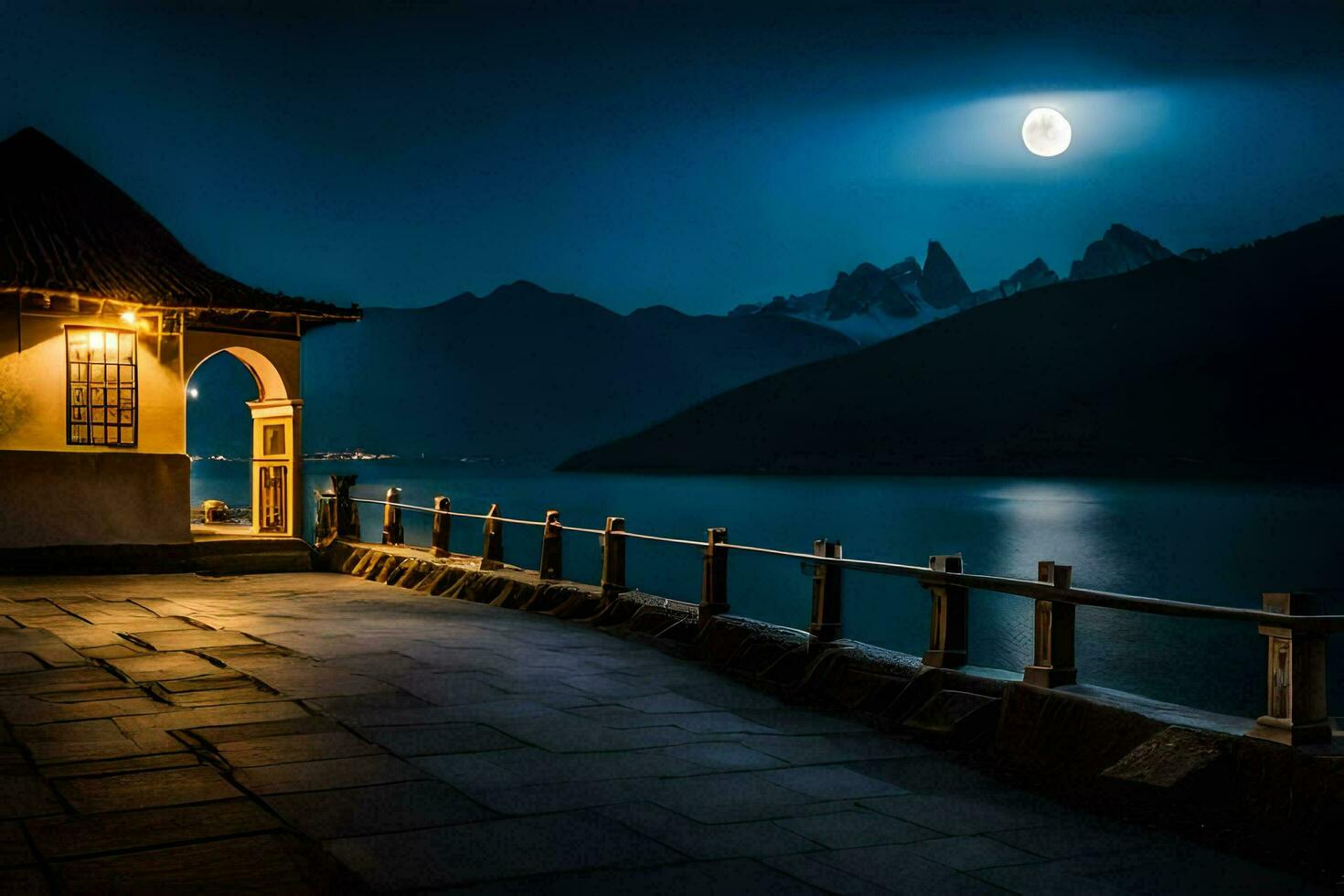 un de luna camino líder a un edificio con un lago en el antecedentes. generado por ai foto