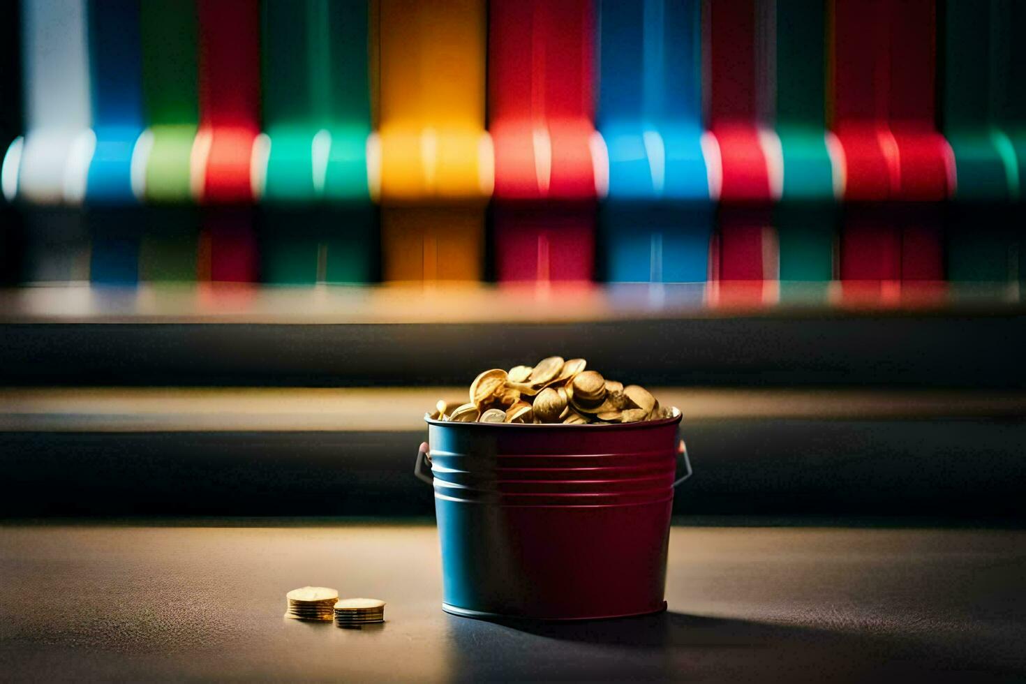 a bucket of gold coins sitting on a table. AI-Generated photo