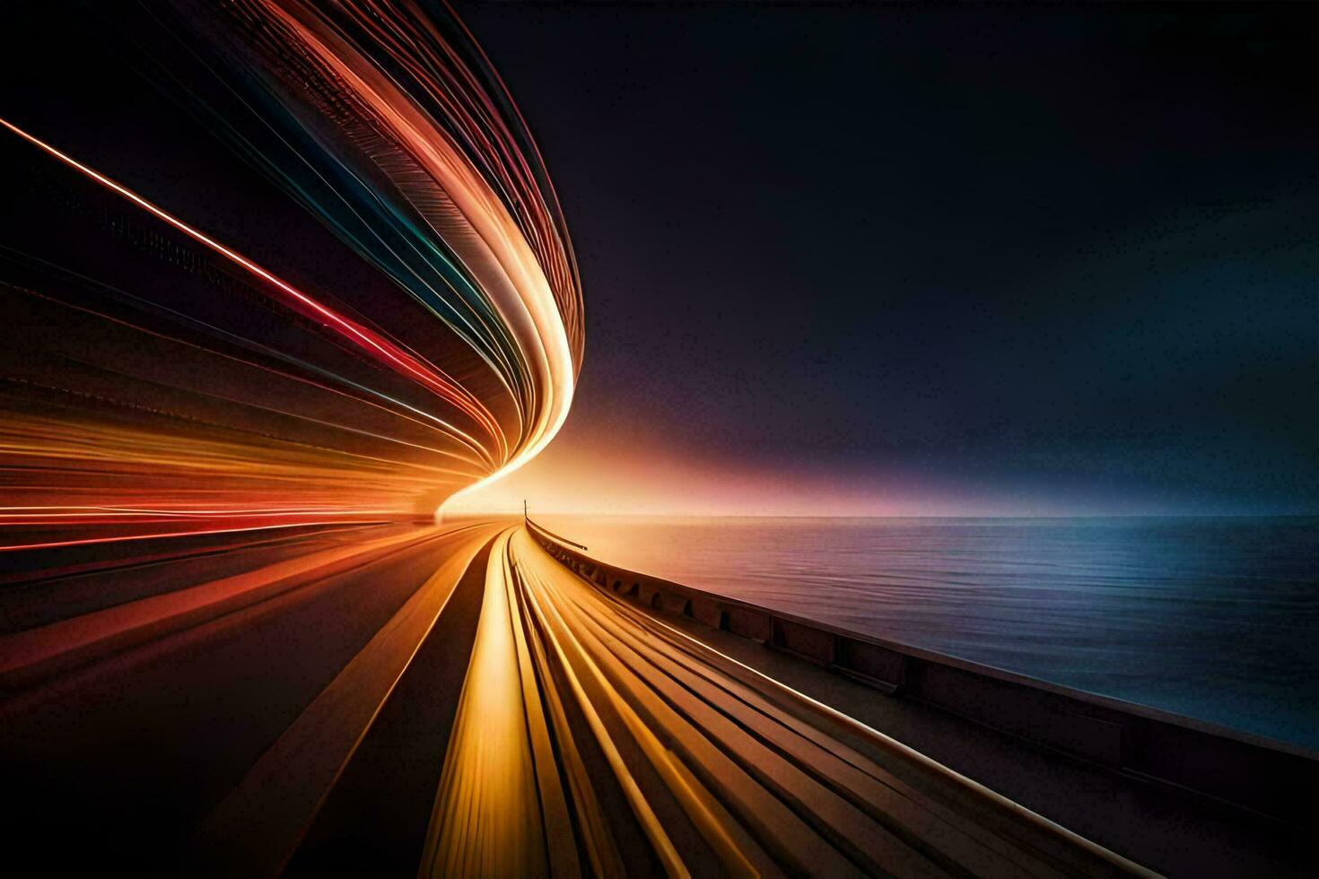 a long exposure photograph of a train traveling along the road. AI-Generated photo