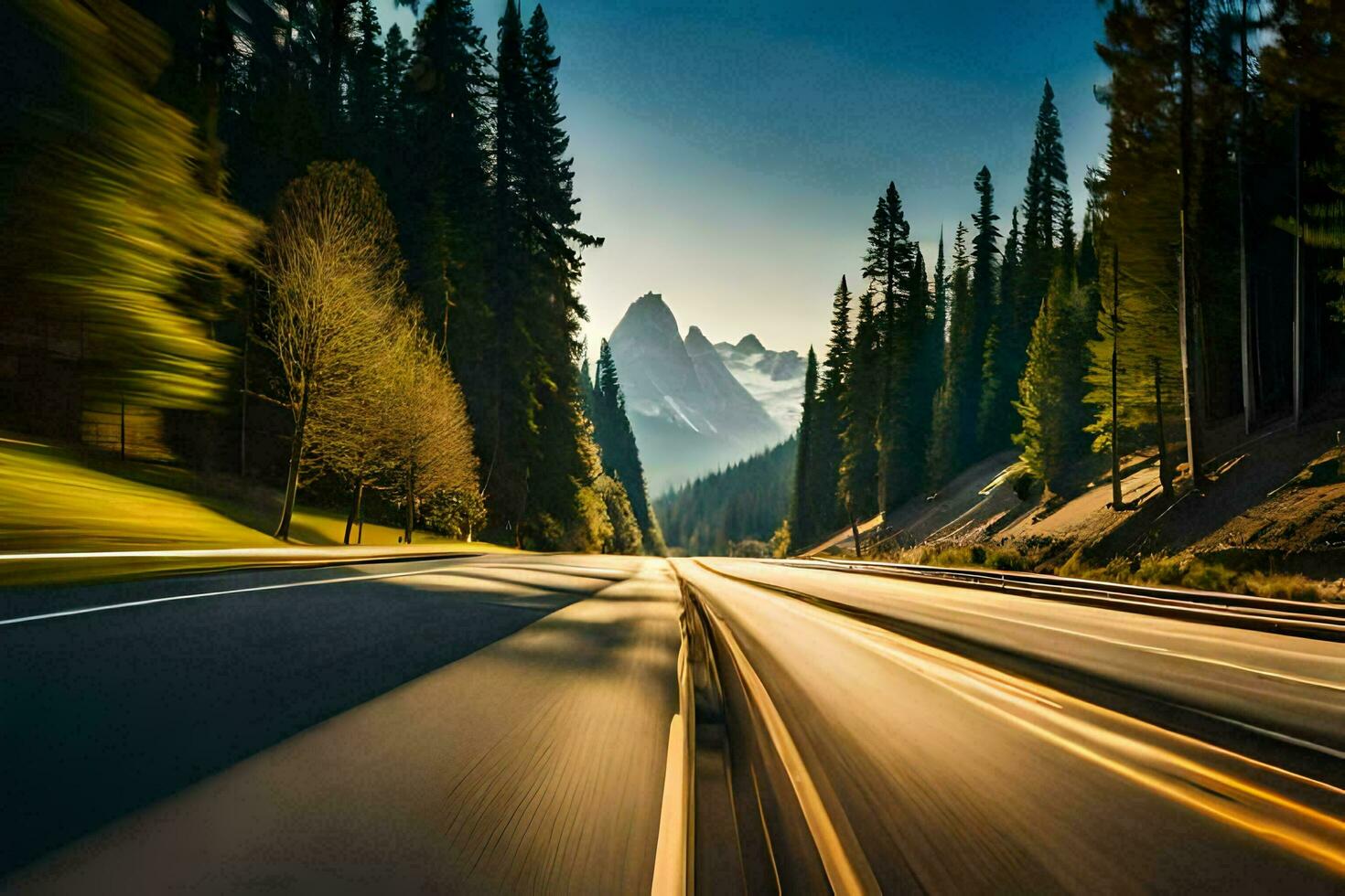 a car driving down a road with trees in the background. AI-Generated photo