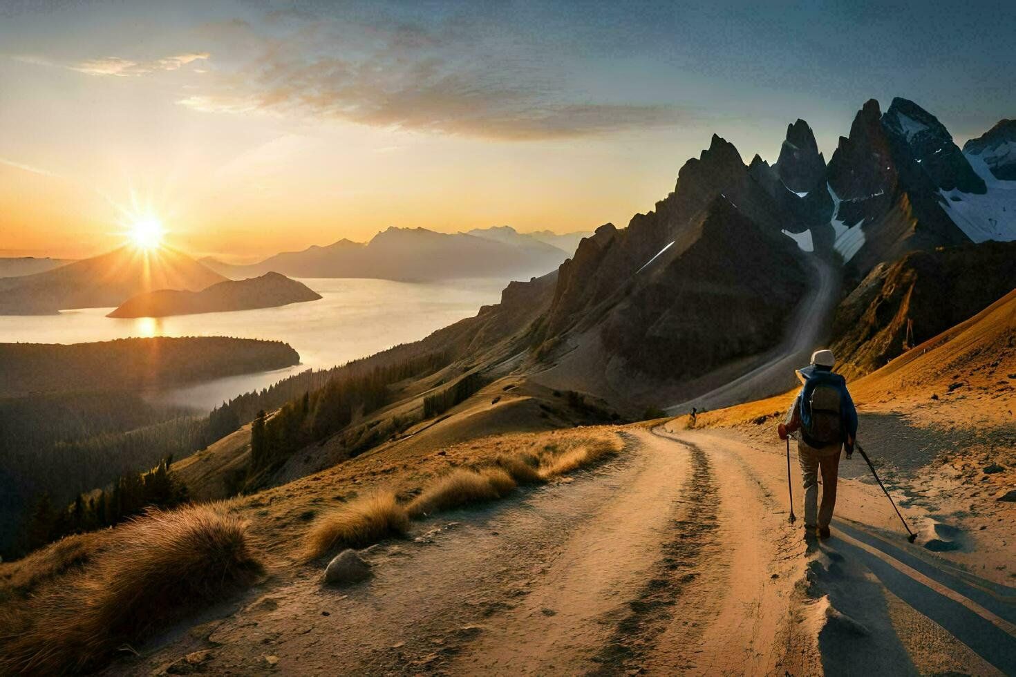 a person walking on a trail in the mountains. AI-Generated photo