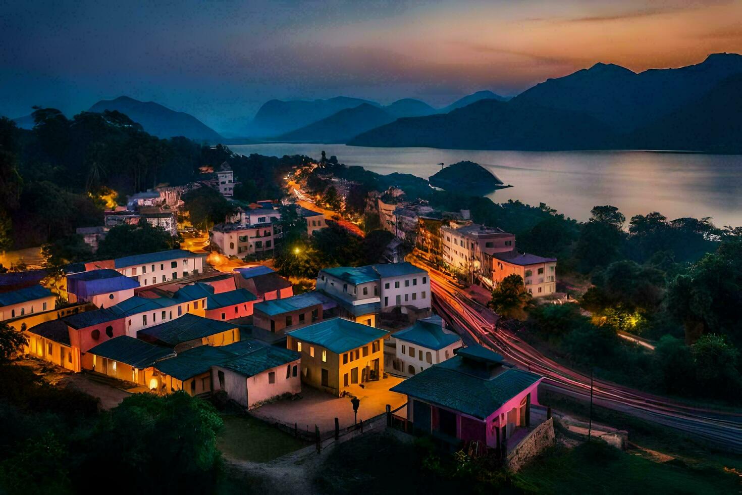 un pueblo en el montañas a oscuridad. generado por ai foto