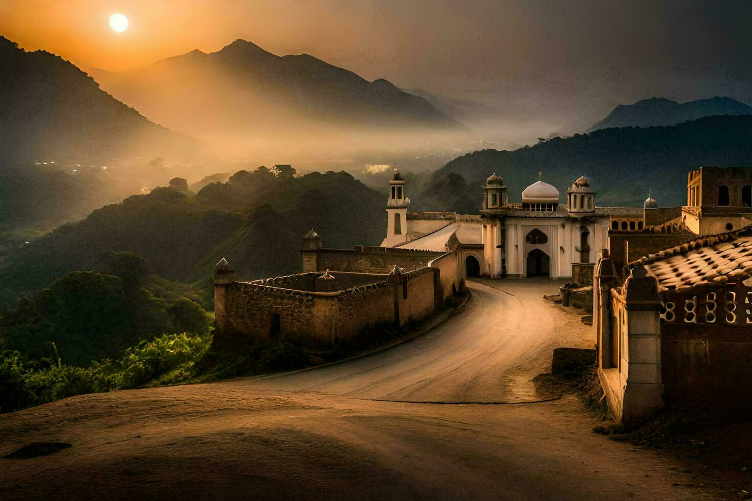 the sun sets over a mosque in the mountains. AI-Generated photo